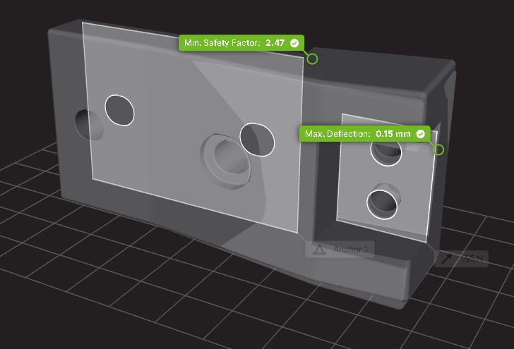 Simulation results for new part increased safety factor minimal deflection change