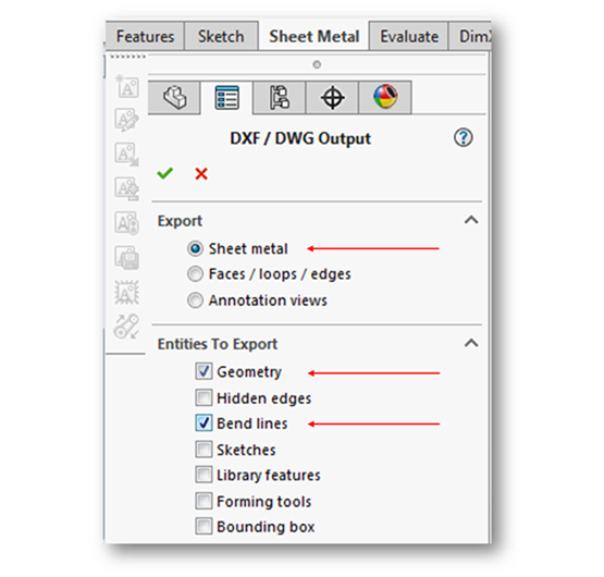 DXF or DWG output options in PropertyManager