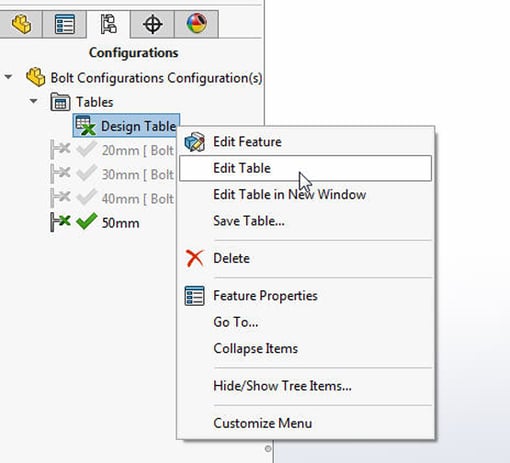 Editing SOLIDWORKS Design Tables