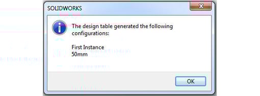 New Configuration Message in SOLIDWORKS Design Tables